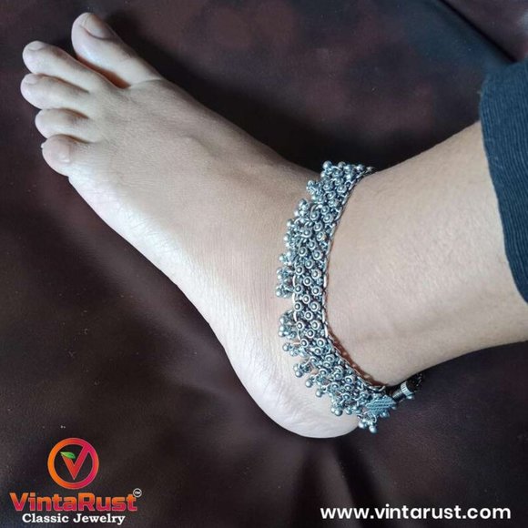 Ethnic Silver Girls Anklets, Tribal Silver Kuchi Pair Anklet, Handmade Jewelry
